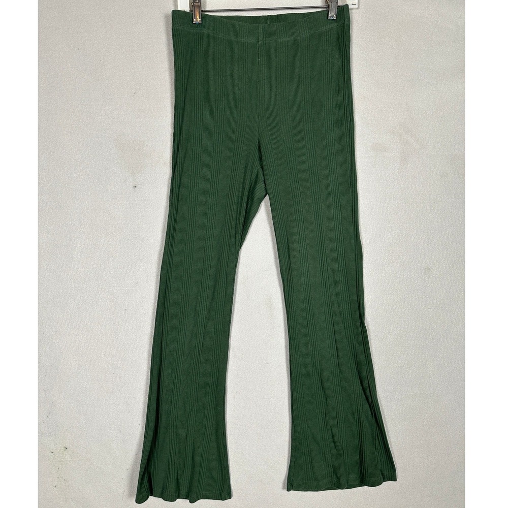 Aerie Pants Womens Medium Flare Green Ribbed High Rise Stretch Loungewear EUC